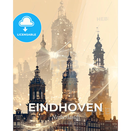 Eindhoven: City Skyline Art, Vibrant Beige - A building with many spires and lights - Square format print template