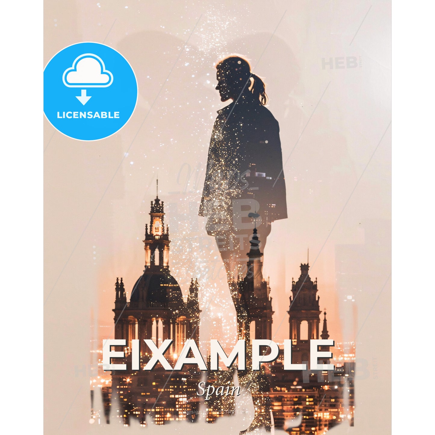 Eixample City Skyline and Icons Bright Poster Art - A silhouette of a man in a city - Square format print template