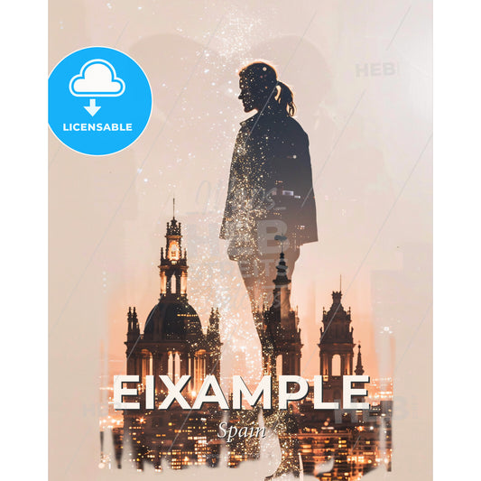 Eixample City Skyline and Icons Bright Poster Art - A silhouette of a man in a city - Square format print template