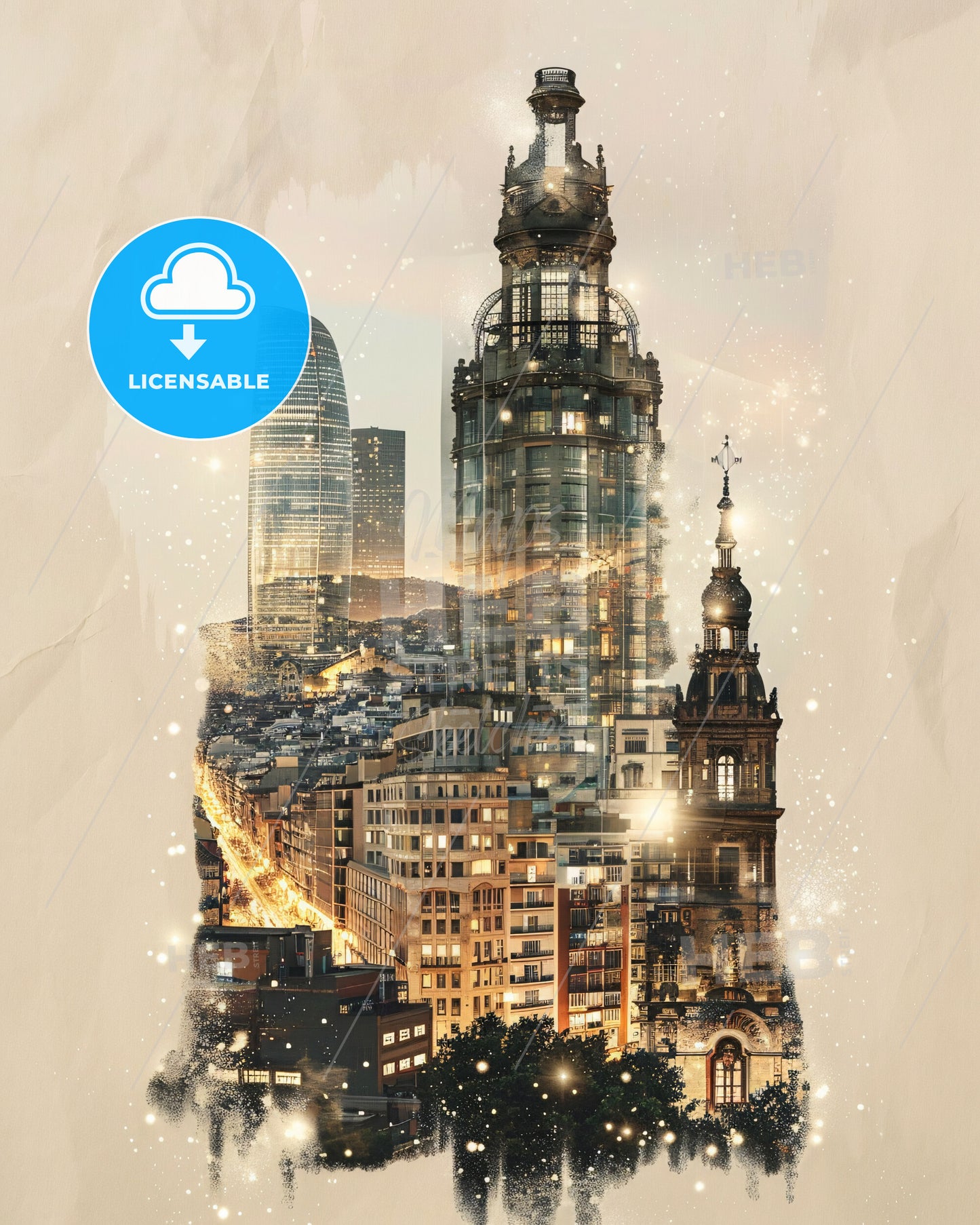 Barcelona Eixample Skyline Dreamy Colors Poster Art - A cityscape with many tall buildings