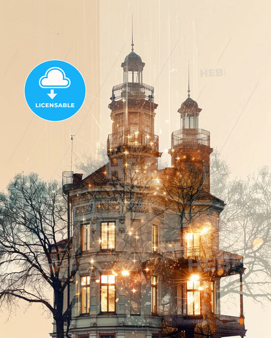 Ekerö, Sweden: Double Exposure Cityscape Dream - A building with a tower and trees