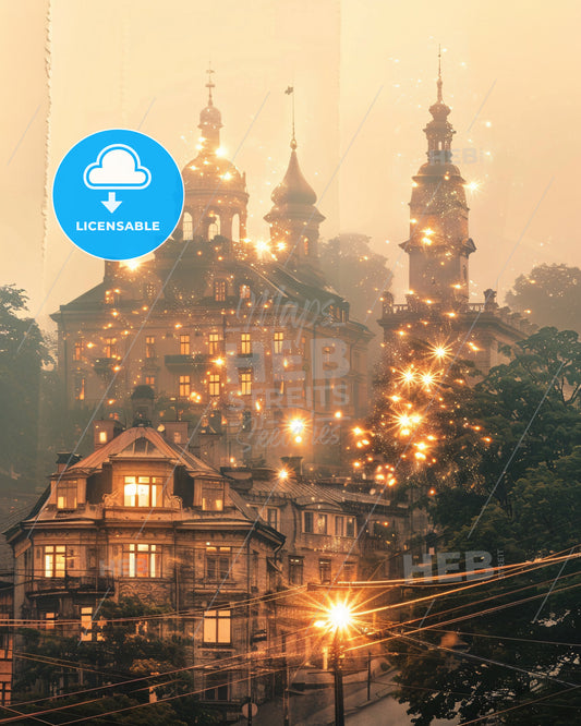 Ekerö, Sweden: Skyline Double Exposure - A building with towers and lights