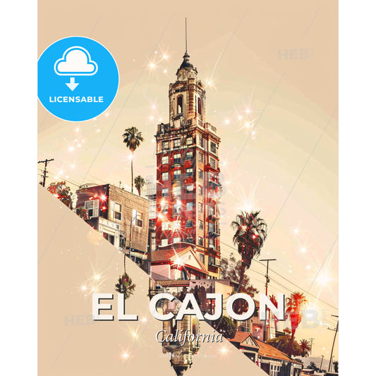 El Cajon City Skyline Graphic Art Poster - A tall building with a tower and palm trees - Square format print template