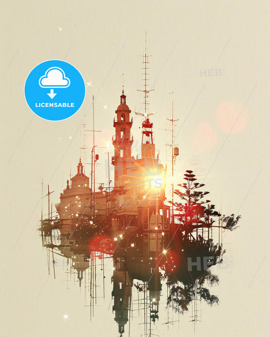 El Hierro Skyline Composite Art Poster - A building with a tower and a tree