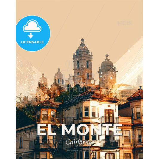 El Monte City Iconography Night Composite - A group of buildings with towers and a light beam - Square format print template