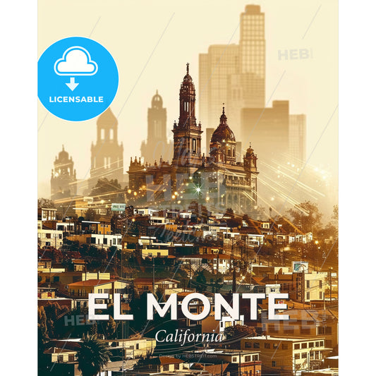 El Monte Skyline Panorama Double Exposure Art Print - A city with buildings and a building in the background - Square format print template