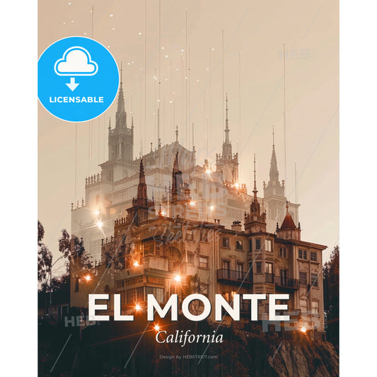 El Monte Skyline Dreamscape Poster - A building with towers and lights - Square format print template