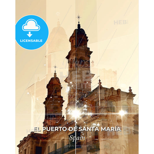 El Puerto de Santa Maria: Double Exposure Skyline - A building with towers and a light shining through it - Square format print template