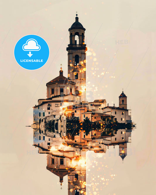 Elba Italy Double Exposure Poster Skyline Bright Colors - A building with a bell tower and a tower