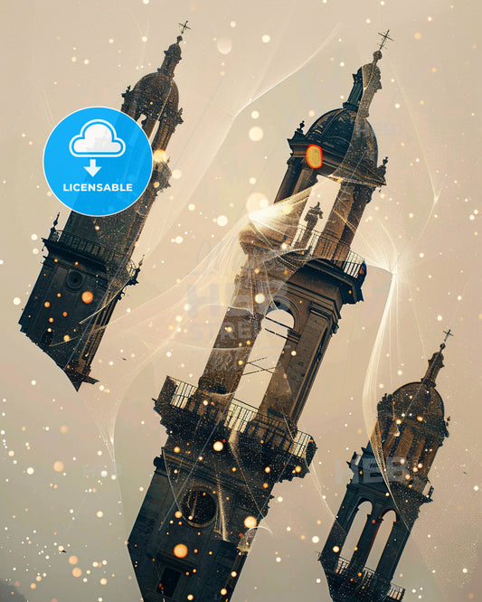 Elba Double Exposure Skyline Art Poster - A group of towers with a spider web