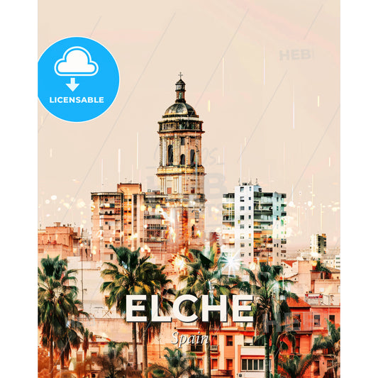 Elche City Skyline Poster Art: Local Icons, Bright Sparkle - A tall building with a tower and palm trees - Square format print template