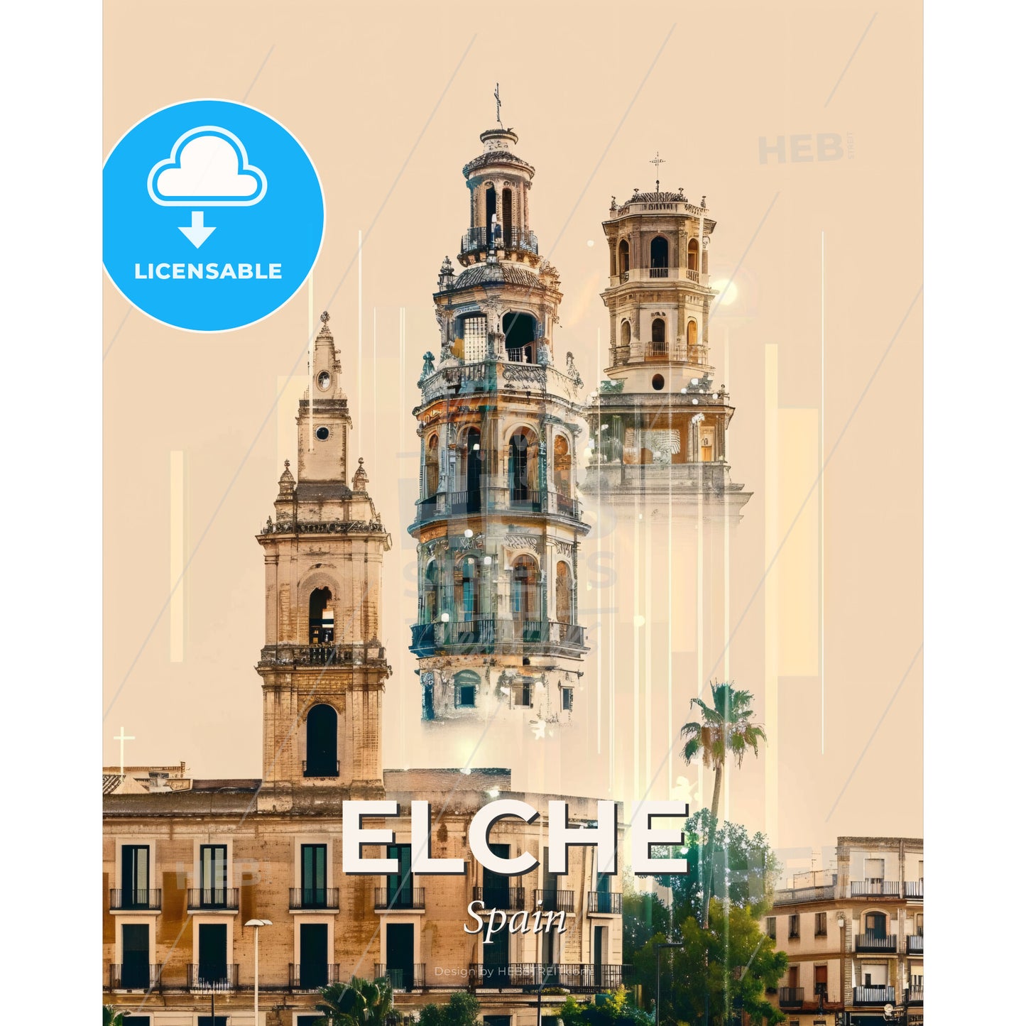Elche City Skyline Double Exposure Art Print - A group of buildings with towers - Square format print template