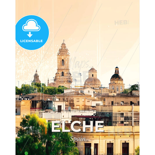 Elche Skyline Composite Art with Bright Beige Paper Background - A city with a large building - Square format print template