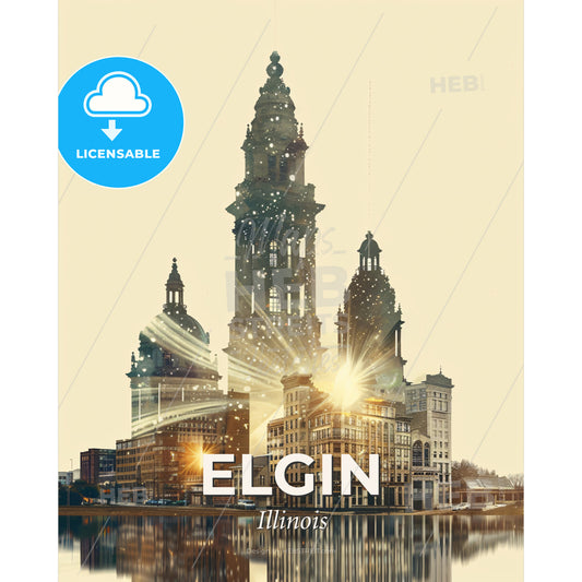 Elgin Skyline Double Exposure Masterpiece - A city with a tall tower and a body of water - Square format print template
