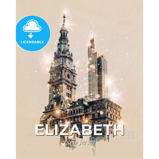 Elizabeth, New Jersey: City Icons Silhouette Poster - A building with a clock tower - Square format print template