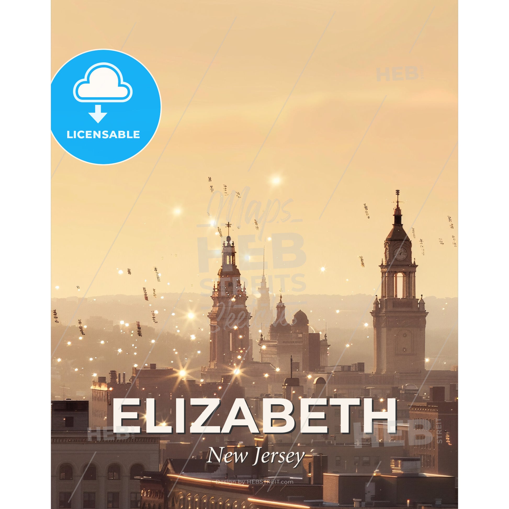 Elizabeth Cityscape Skyline Art - A city with many buildings and a clock tower - Square format print template