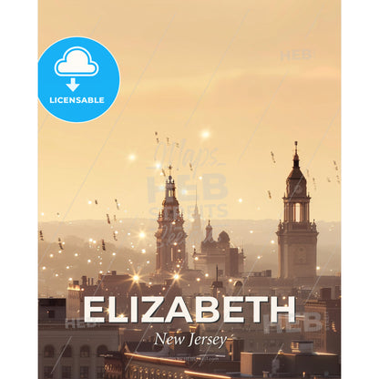 Elizabeth Cityscape Skyline Art - A city with many buildings and a clock tower - Square format print template