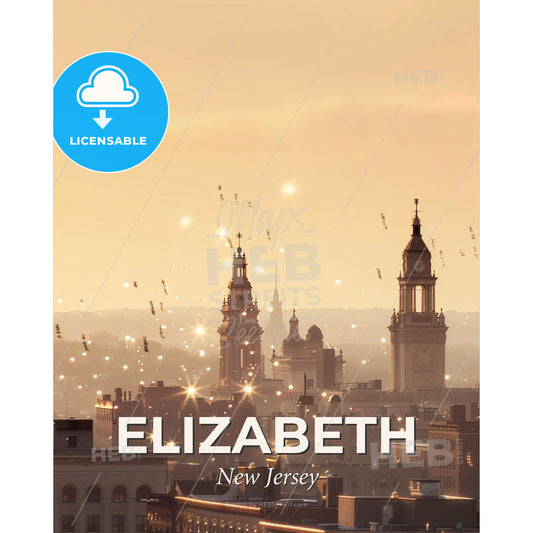 Elizabeth Cityscape Skyline Art - A city with many buildings and a clock tower - Square format print template