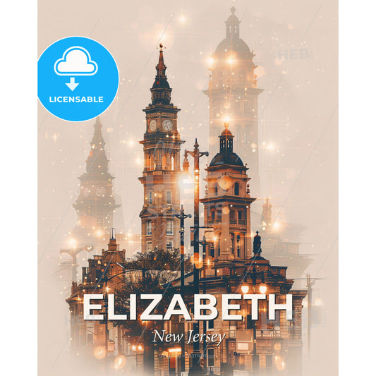 Elizabeth, New Jersey City Landmarks Poster Artwork - A large building with a clock tower - Square format print template