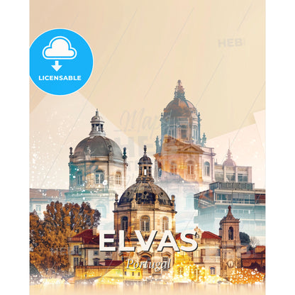 Elvas City, Portugal - Unique Skyline Poster Art - A group of buildings with a few trees - Square format print template