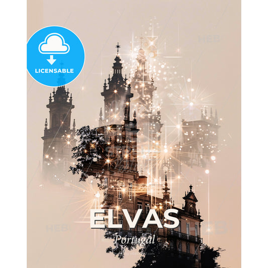 Elvas Skyline City Icons Double Exposure Art - A building with towers and stars - Square format print template