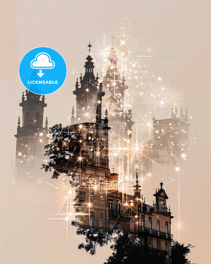 Elvas Skyline City Icons Double Exposure Art - A building with towers and stars