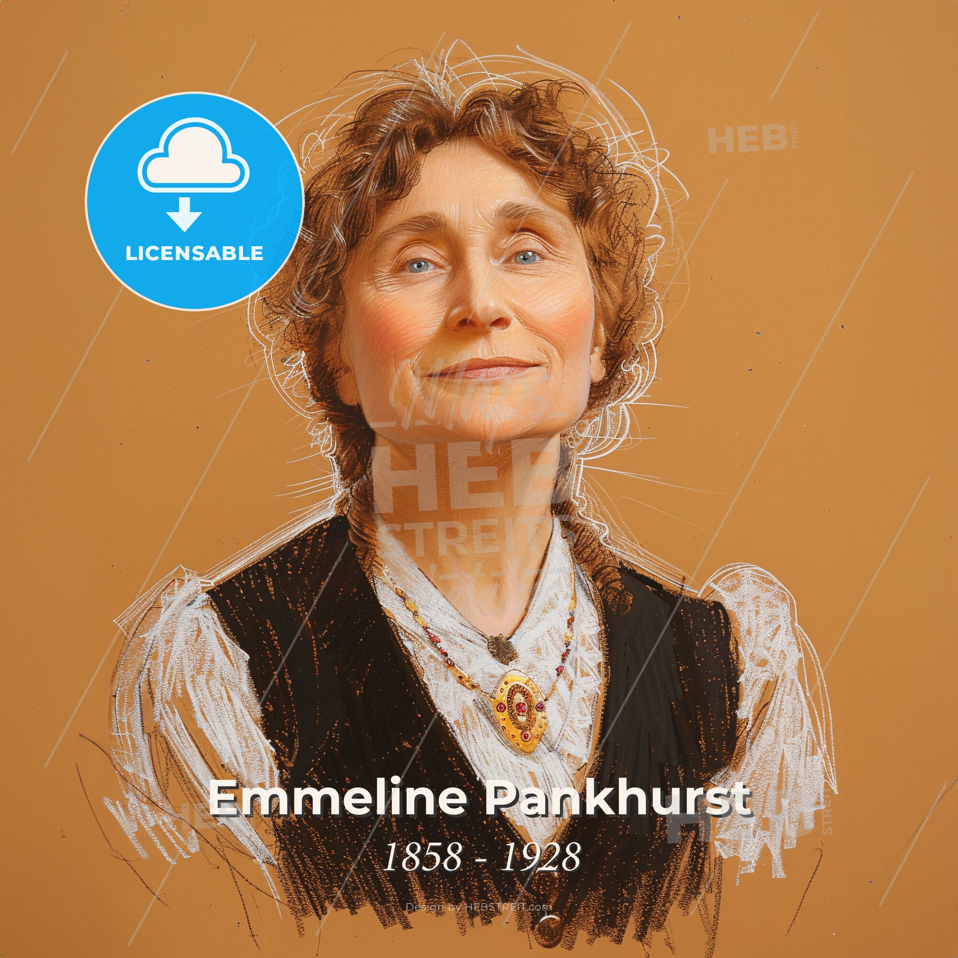 Emmeline Pankhurst, 1858 - 1928, British suffragette - A Woman With Curly Hair Wearing A Vest And Necklace Print Template