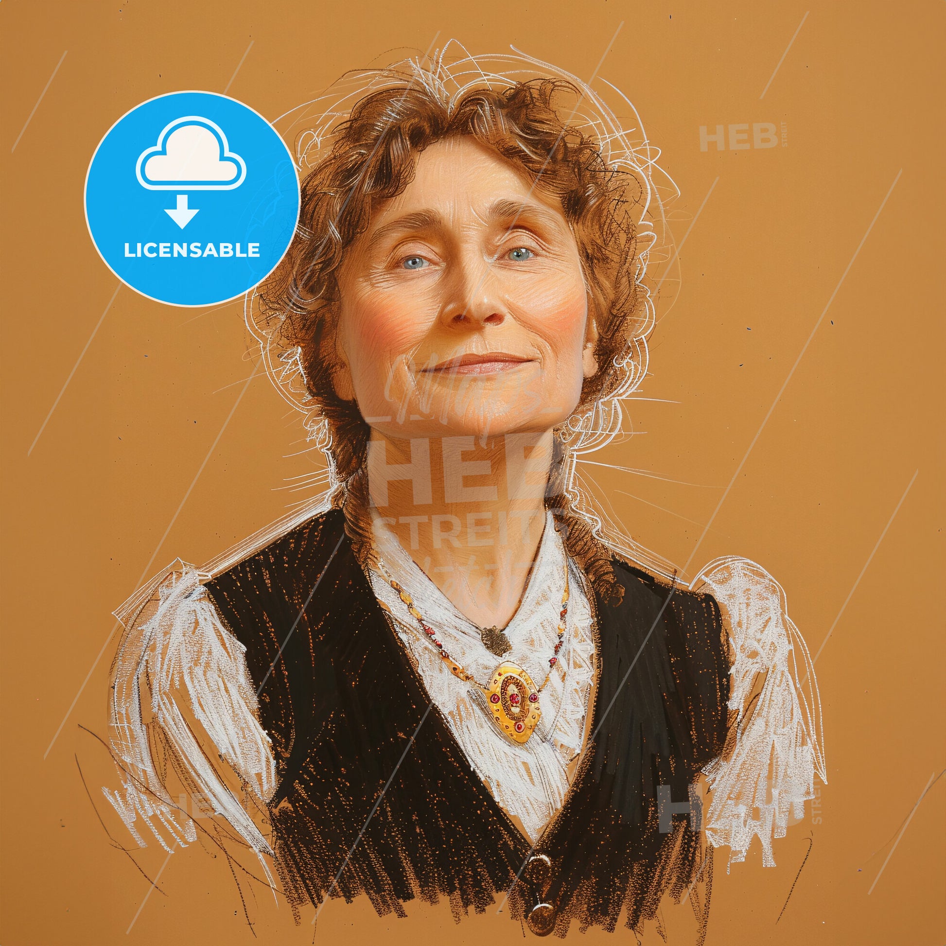 Emmeline Pankhurst, 1858 - 1928, British suffragette - A Woman With Curly Hair Wearing A Vest And Necklace