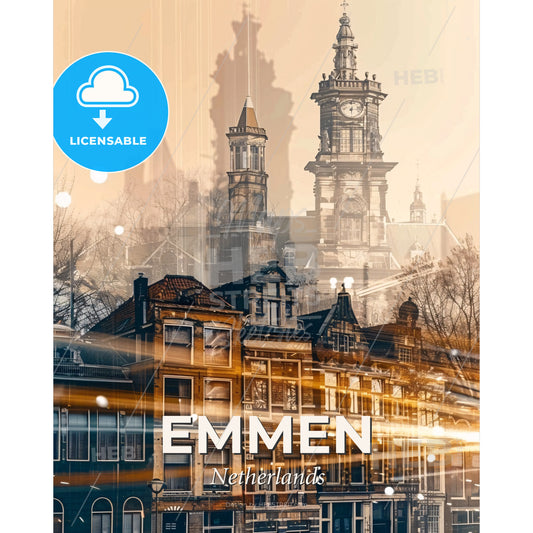 Emmen City Skyline Composite Art Poster - A city with a clock tower - Square format print template