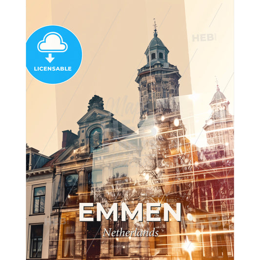 Emmen Cityscape Art Skyline on Warm Beige - A building with a tower - Square format print template