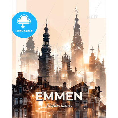 Emmen City Dream Silhouette Poster - A city skyline with many buildings - Square format print template
