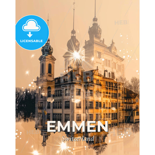 Emmen, Switzerland: City Skyline Composite Art Poster - A building with a reflection of the sun - Square format print template
