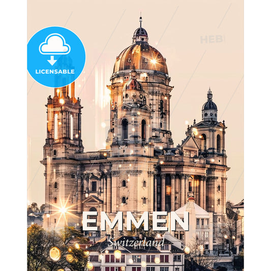 Emmen Skyline Glow Cityscape Art Deco Poster - A large building with a dome and towers - Square format print template