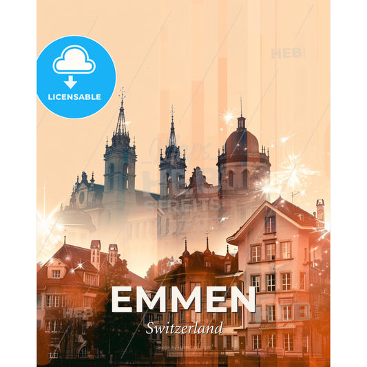 Emmen City Skyline Double Exposure Art Poster - A group of buildings with a large building in the background - Square format print template