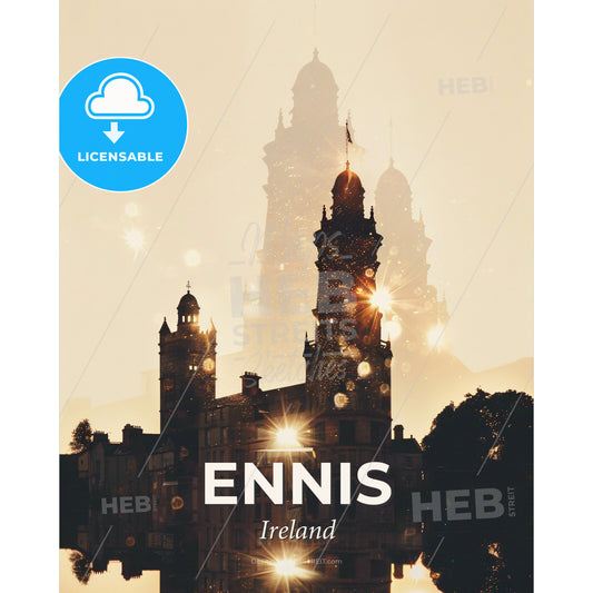 Ennis Skyline Double Exposure Art - A building with towers and a light in the background - Square format print template
