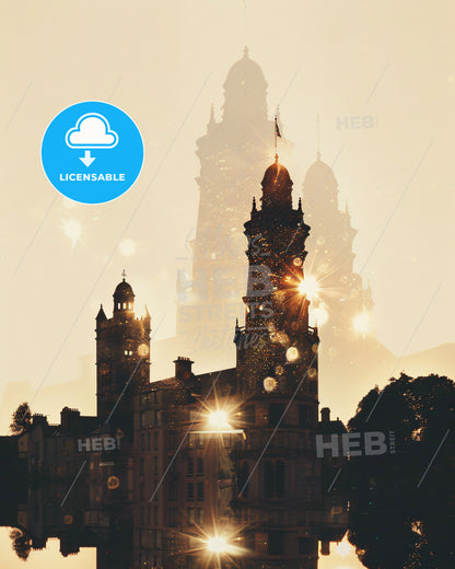 Ennis Skyline Double Exposure Art - A building with towers and a light in the background