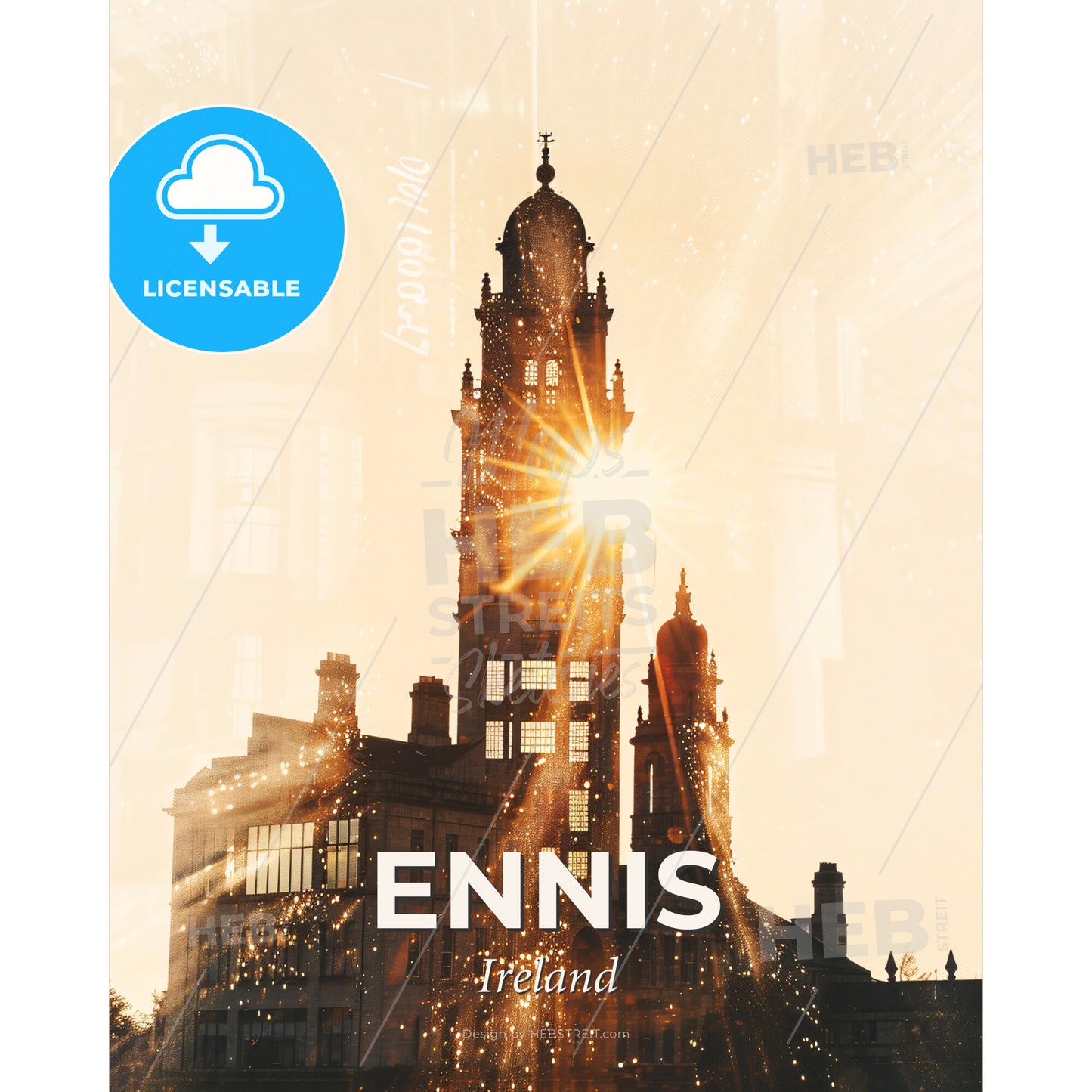 Ennis City Skyline Silhouette Composite Poster - A building with a tower and sun shining through it - Square format print template