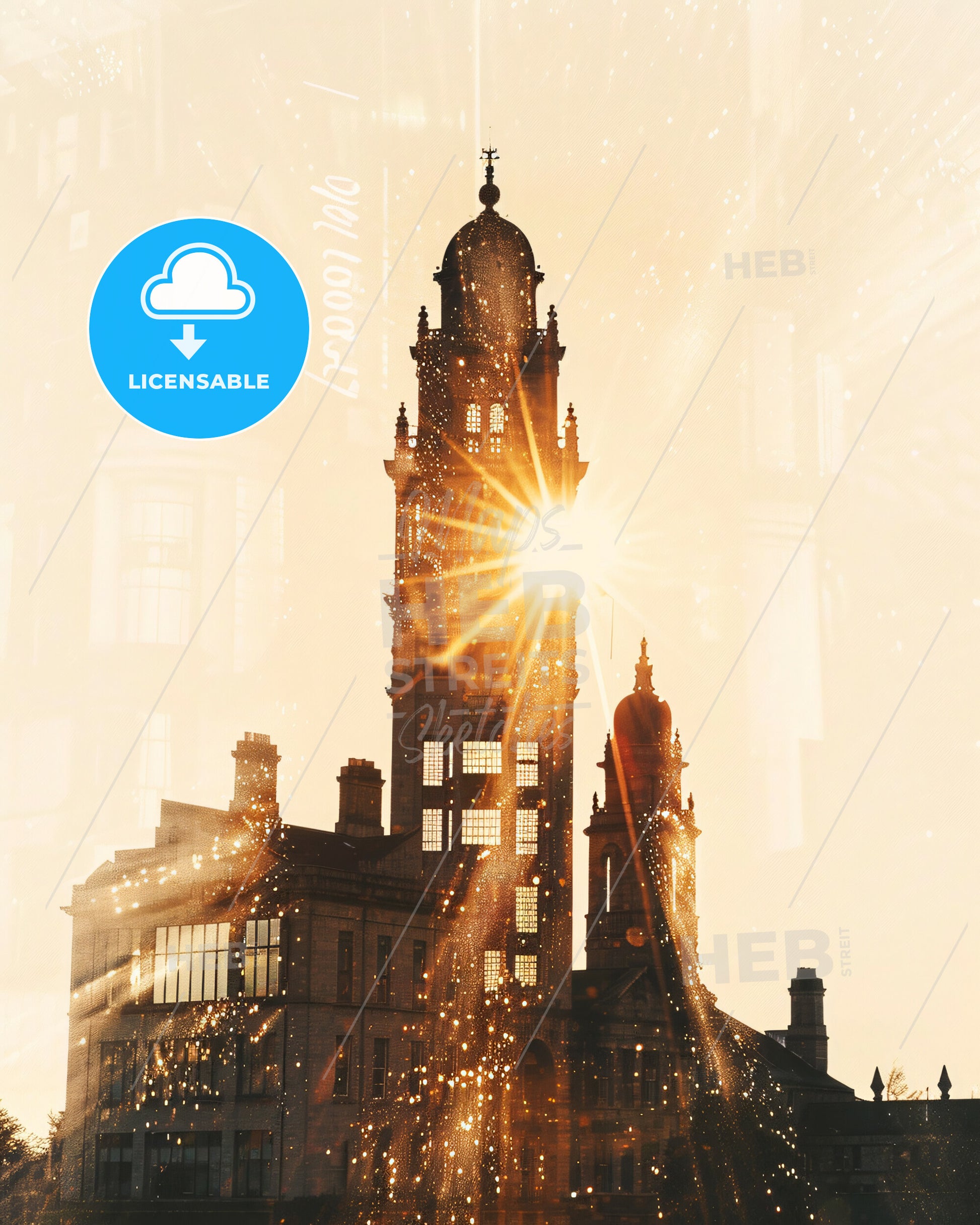 Ennis City Skyline Silhouette Composite Poster - A building with a tower and sun shining through it