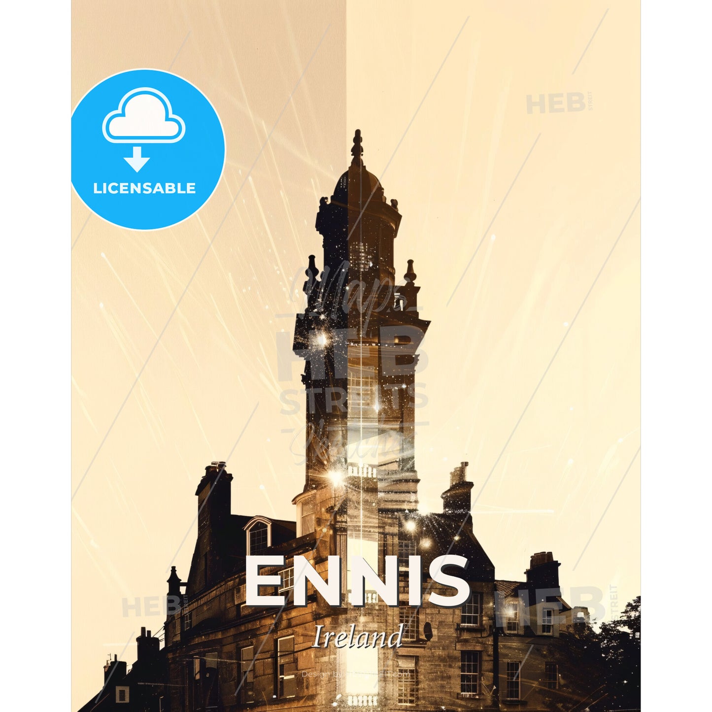 Ennis Double Exposure City Skyline - A building with a tall tower - Square format print template