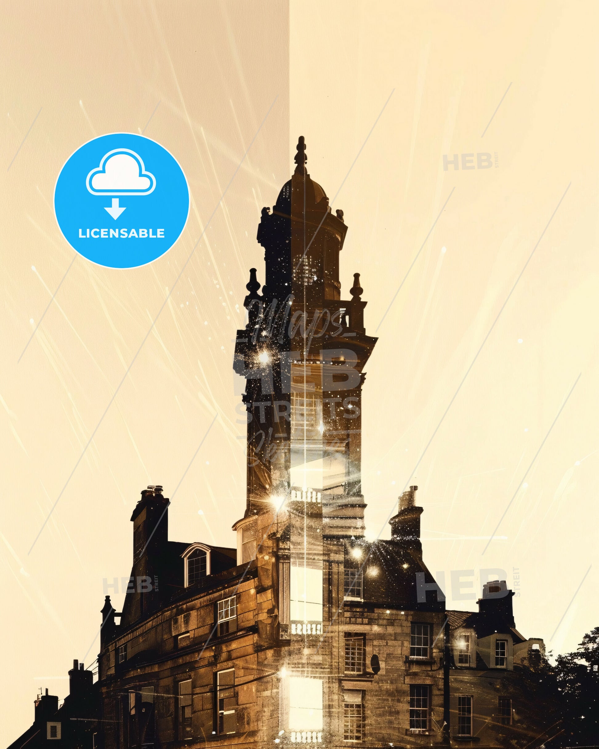 Ennis Double Exposure City Skyline - A building with a tall tower