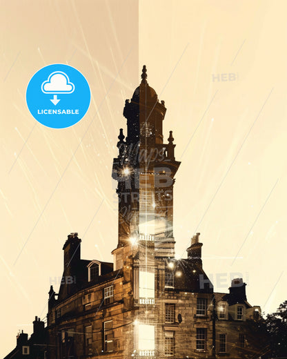 Ennis Double Exposure City Skyline - A building with a tall tower