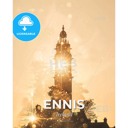 Ennis Silhouette Skyline Composite Art Poster - A tall tower with a light shining through it - Square format print template