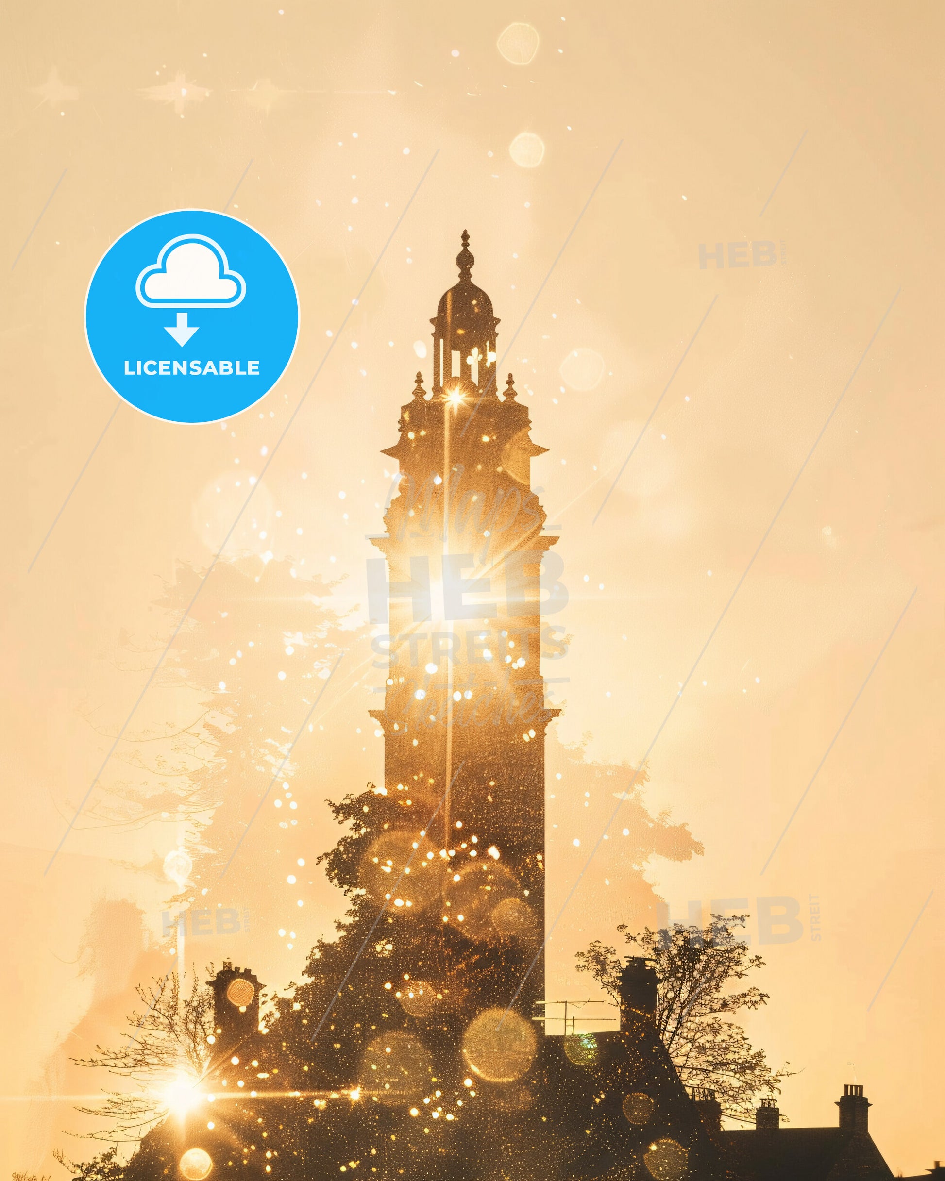 Ennis Silhouette Skyline Composite Art Poster - A tall tower with a light shining through it