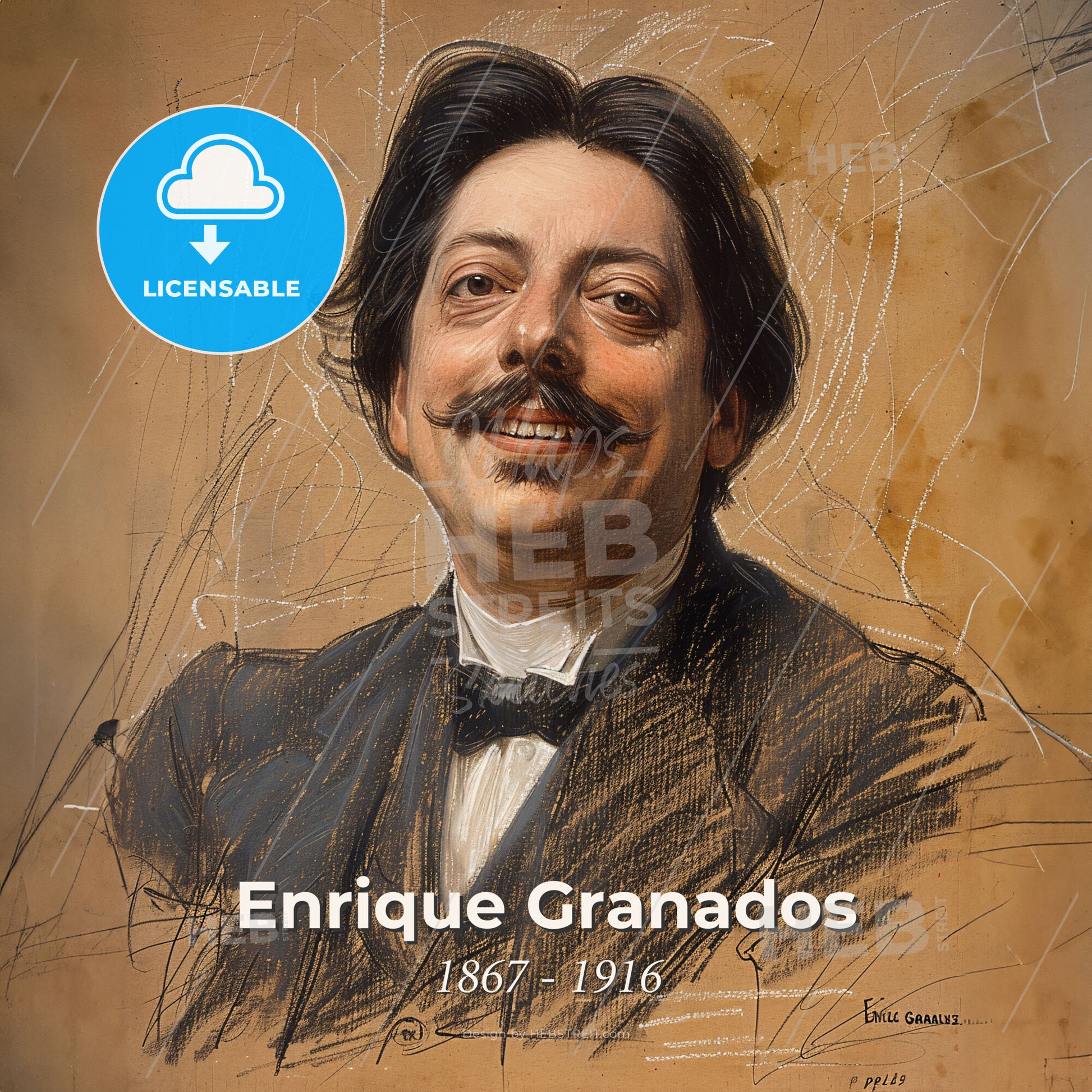 Enrique Granados, 1867 - 1916, Spanish composer - A Man With A Mustache And A Bow Tie Print Template