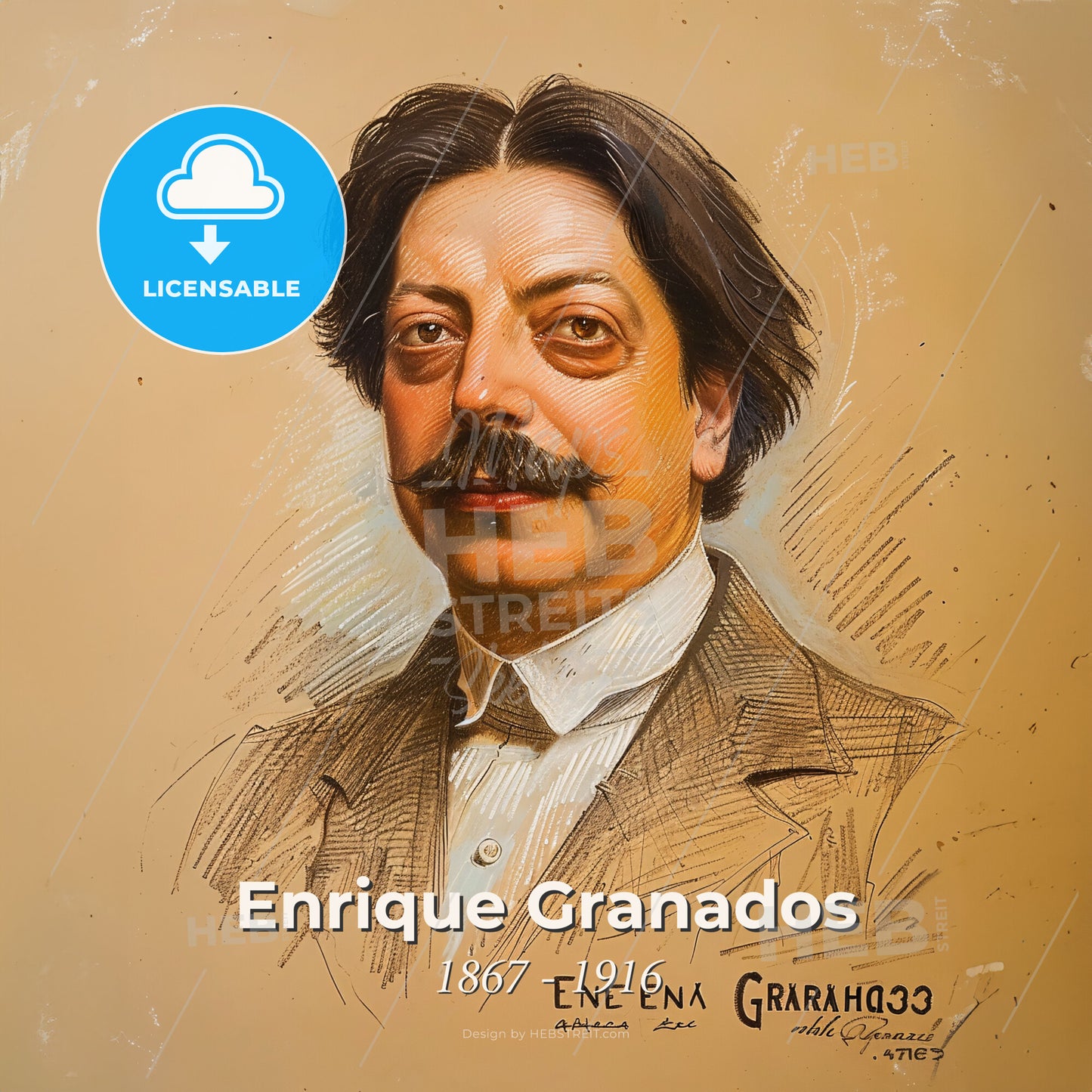 Enrique Granados, 1867 - 1916, Spanish composer - A Portrait Of A Man With A Mustache Print Template