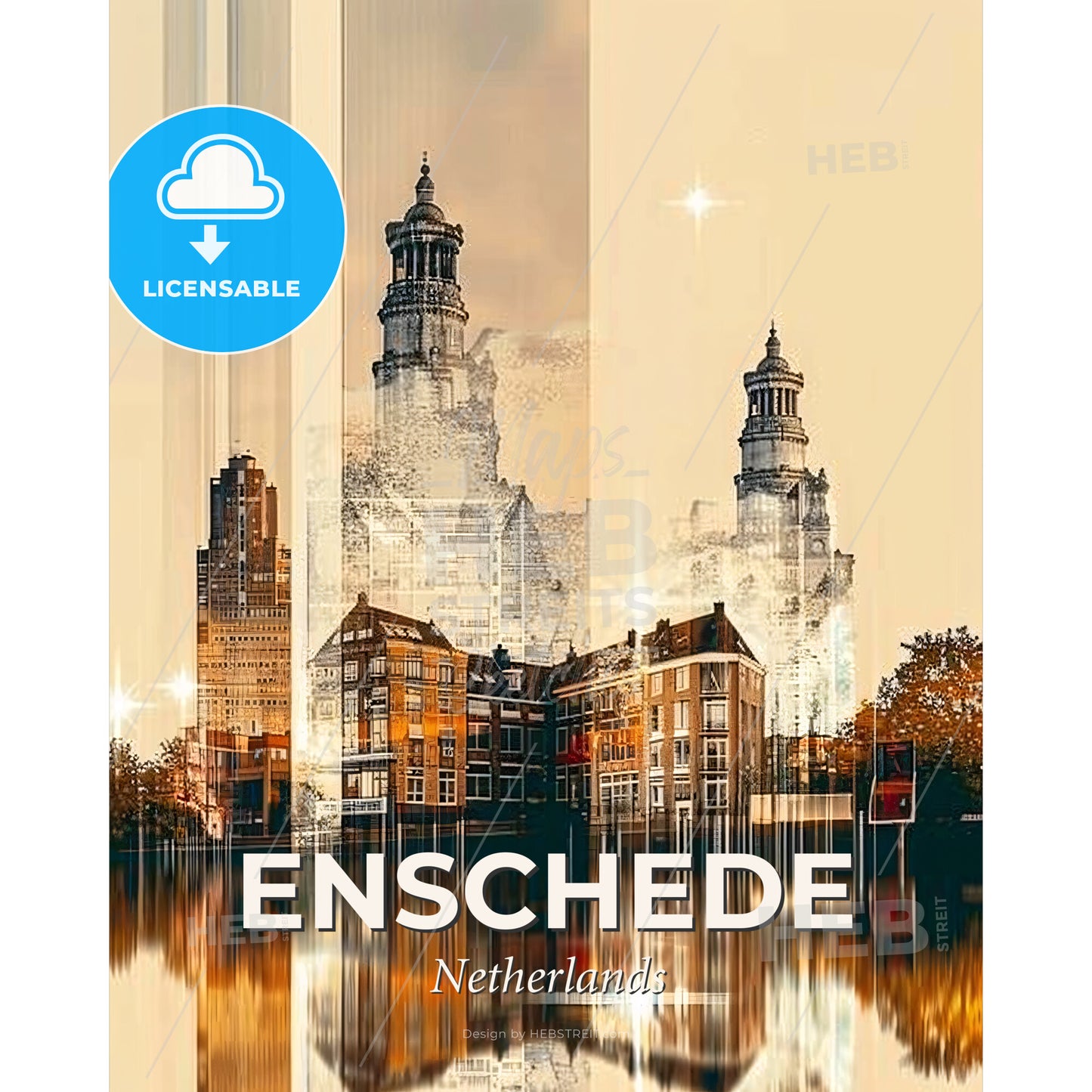 Enschede Skylines As Double Exposure Art - A city skyline with buildings and trees - Square format print template