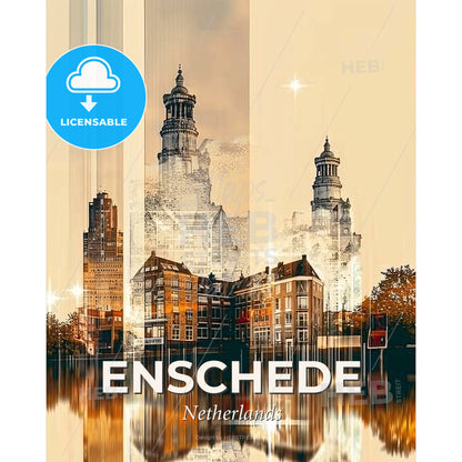 Enschede Skylines As Double Exposure Art - A city skyline with buildings and trees - Square format print template