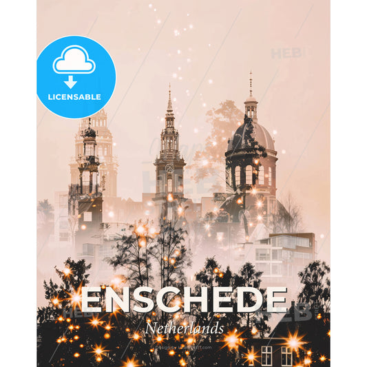 Enschede Skyline Cityscape Local Icon Sparkle Composite - A city with many towers and trees - Square format print template