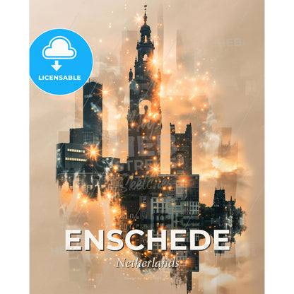 Enschede Skyline Art - Beige Paper - Local Colors - A city with a tower and lights - Square format print template