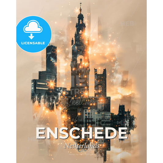 Enschede Skyline Art - Beige Paper - Local Colors - A city with a tower and lights - Square format print template